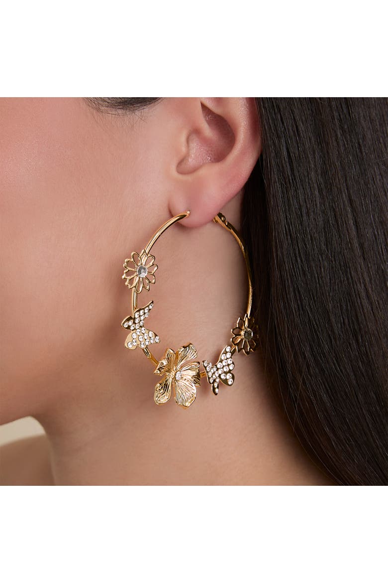 Flower and Butterlfy Hoop Earrings, Alternate, color, Gold