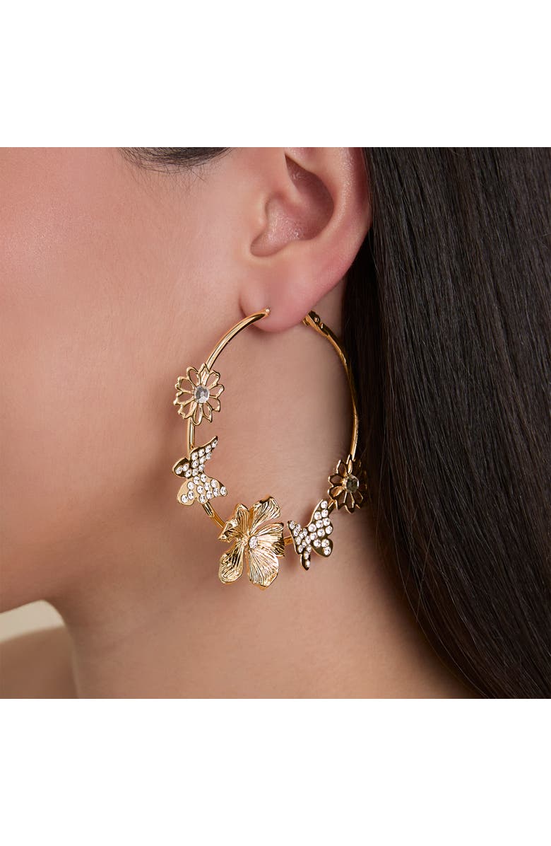 Jessica Simpson Flower and Butterlfy Hoop Earrings, Alternate, color, Gold