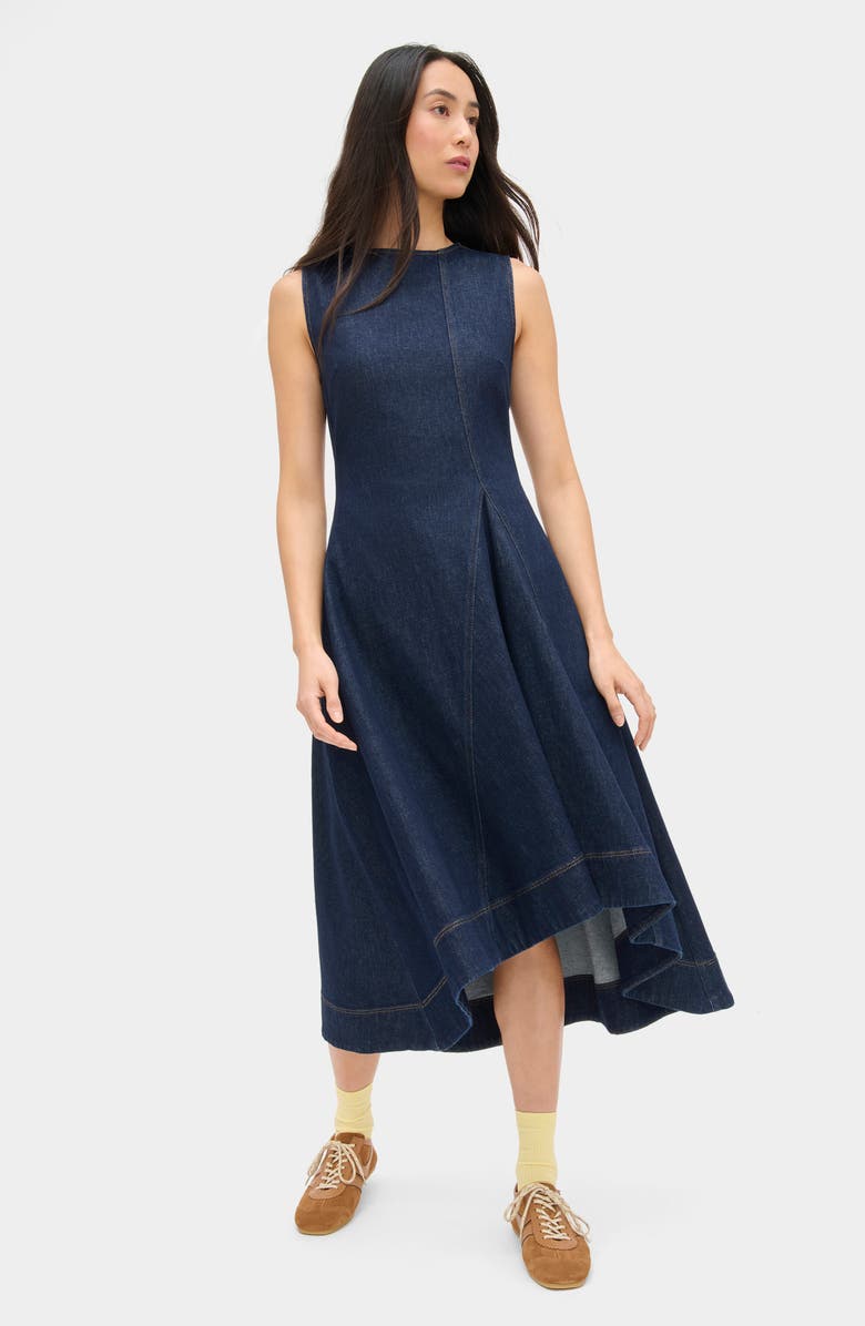 ALIGNE Liberty Asymmetric Sleeveless Stretch Organic Cotton Denim Midi Dress, Alternate, color, Indigo