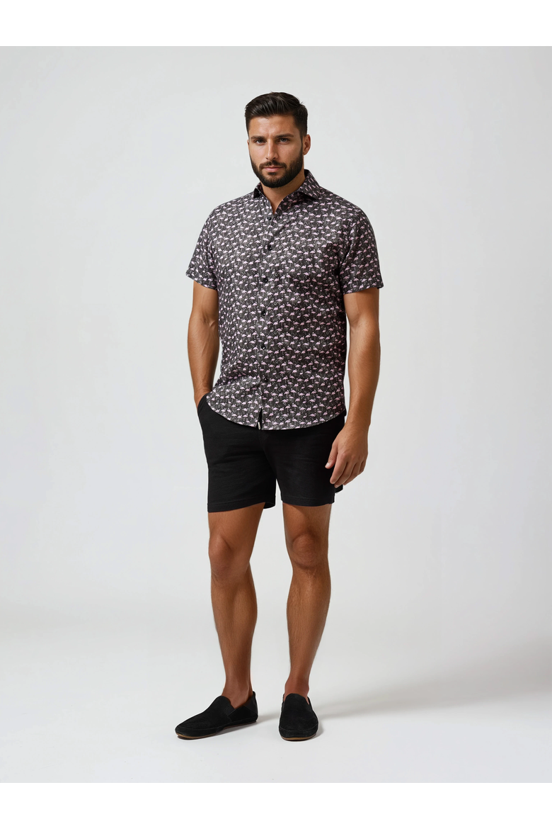 Linen Flamingo Print SS Button-Up Shirt, Alternate, color, Black