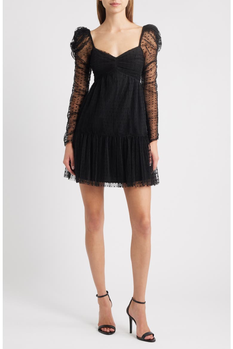 Deanna Long Sleeve Tulle Cocktail Minidress, Main, color, BLACK