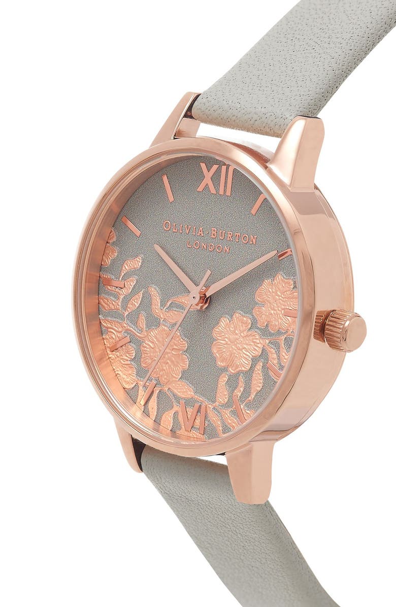 Olivia Burton Lace Detail Leather Strap Watch, 30mm, Alternate, color,