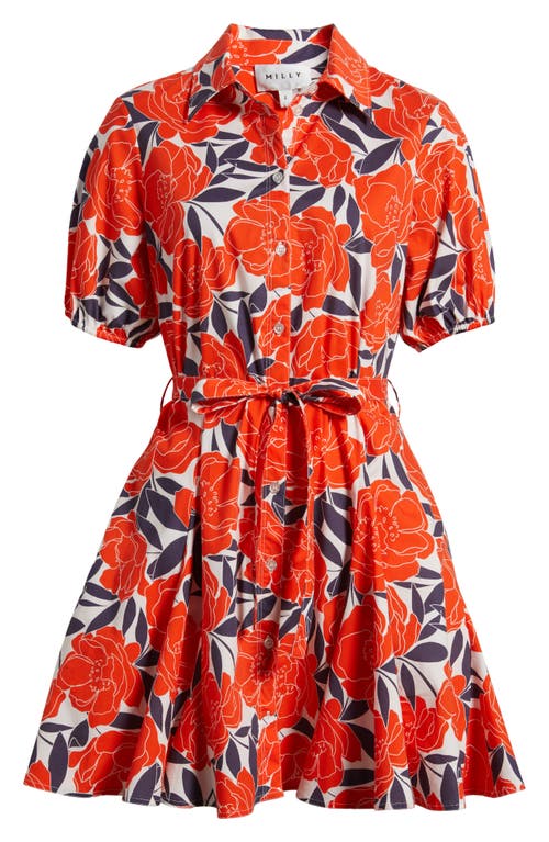 Milly Juni Camellia Floral Stretch Cotton Poplin Shirtdress In Orange