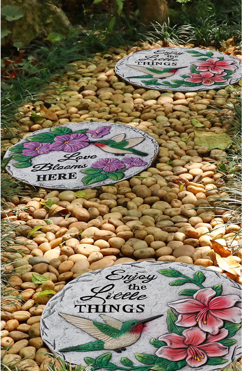 Glitzhome Set of 2 Cement Hummingbird & Flower Textured Stepping Stones, Alternate, color, White
