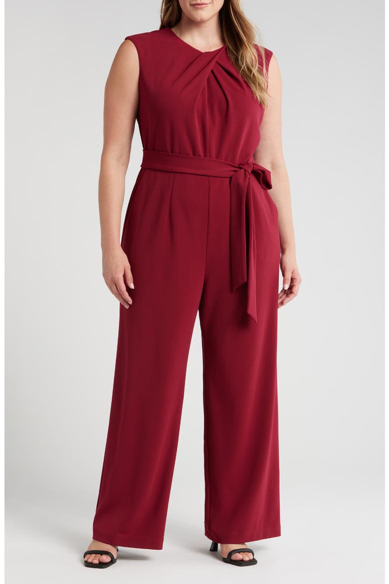 Cross Neck Tie Waist Sleeveless Jumpsuit, Main, color, MULBERRY