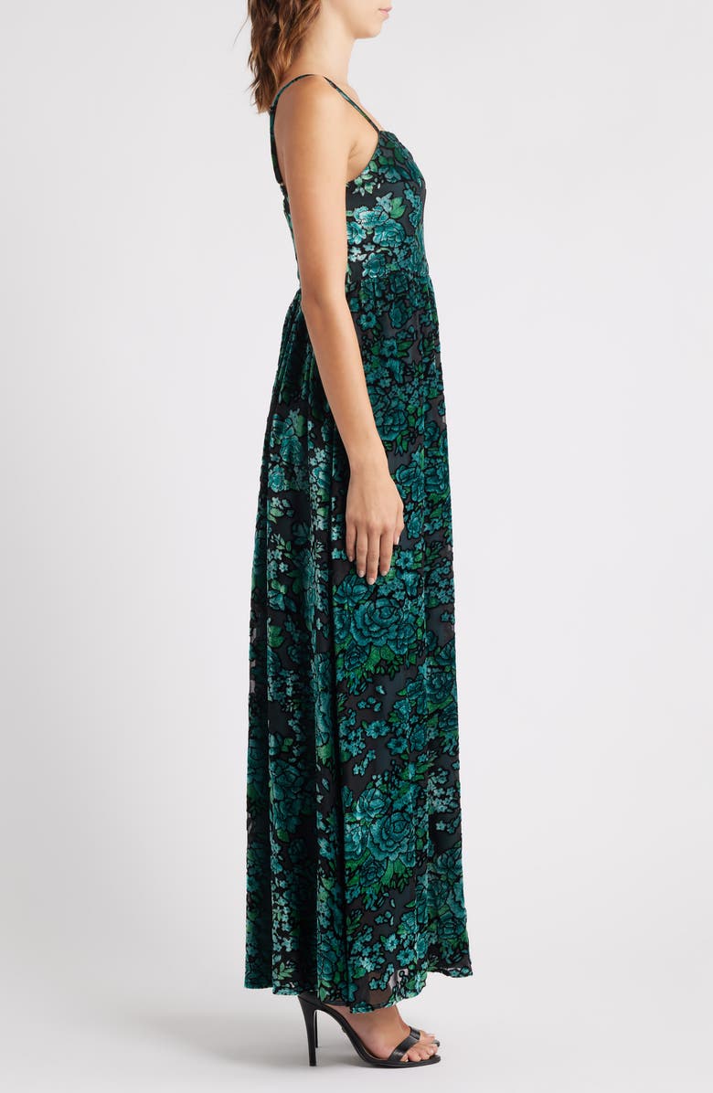 Lulus Minka Floral Velvet Burnout Gown, Alternate, color, Emerald Multi