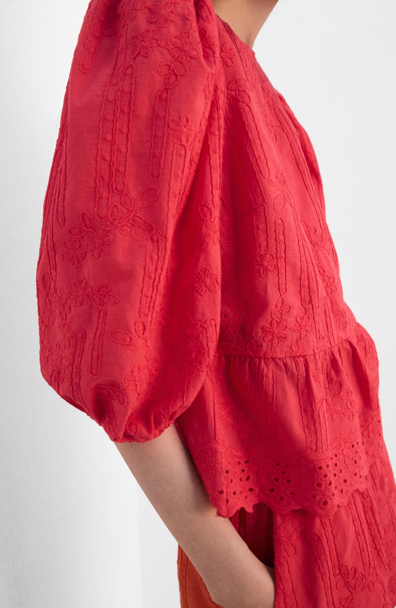 MANGO Floral Embroidered Cotton Peplum Top, Alternate, color, Strawberry