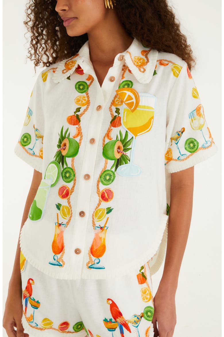 Biricutico Scarf Print Short Sleeve Linen Shirt, Alternate, color, BIRICUTICO SCARF OFF