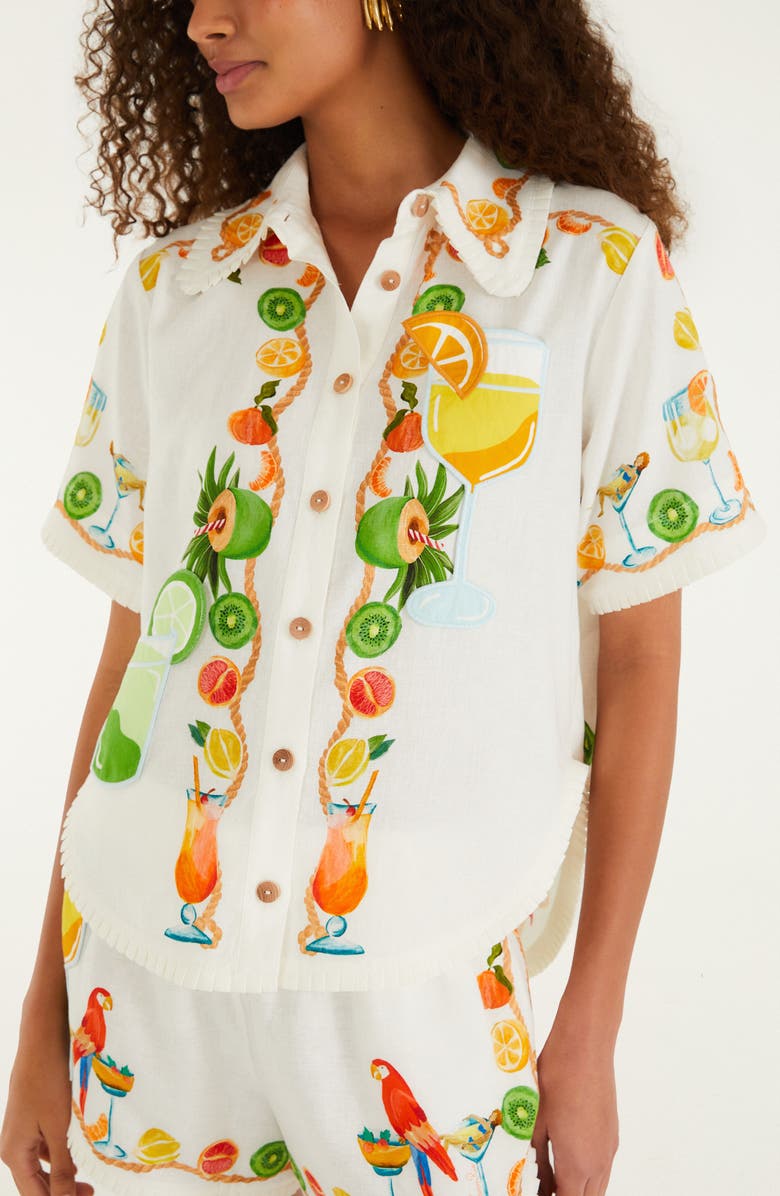 FARM Rio Biricutico Scarf Print Short Sleeve Linen Shirt, Alternate, color, Biricutico Scarf Off