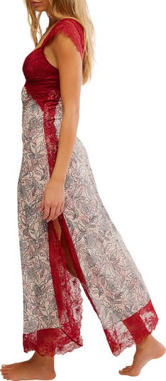 Suddenly Fine Floral Print Cutout Lace Trim Nightgown