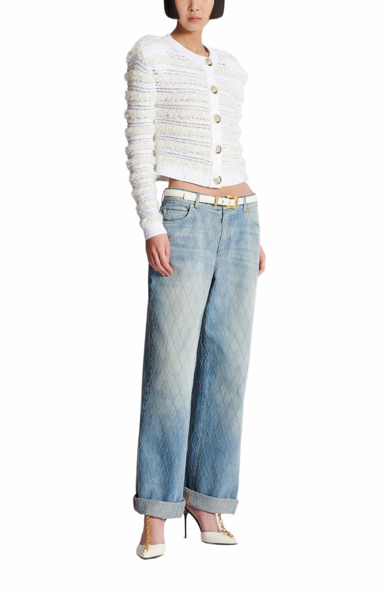 Balmain Long-Sleeved Tweed-Effect Knit Cardigan, Main, color, White