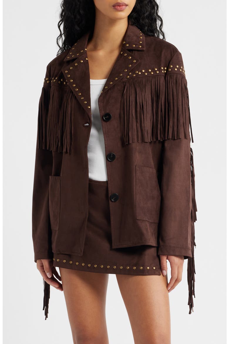 Fringe Detail Faux Suede Jacket, Main, color, COFFEE BEAN