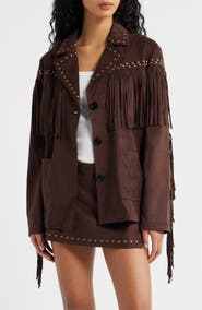 KITTENISH Fringe Detail Faux Suede Jacket