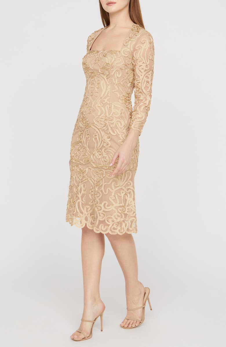 JS Collections Violette Soutache Lace Long Sleeve Cocktail Dress, Alternate, color, Gold
