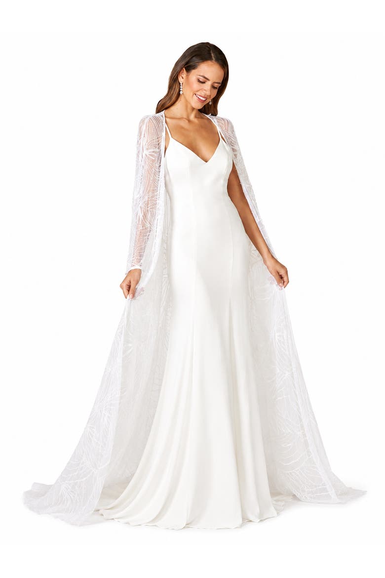 Beaded Faux-Wrap V-Neck Bridal Gown, Alternate, color, Ivory