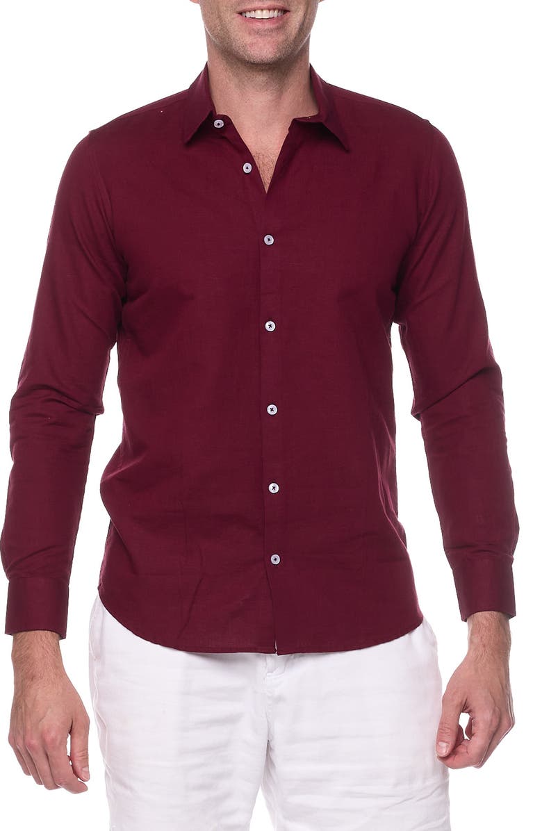 RANEES Linen Button-Up Sport Shirt, Main, color, Wine