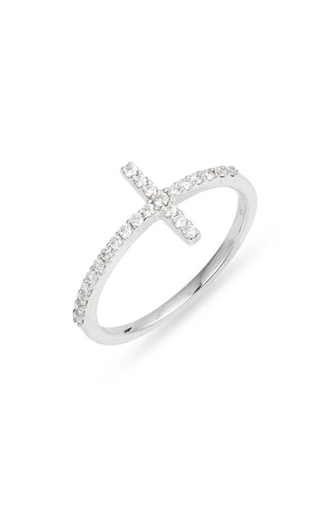 14k White Gold Diamond Cross Ring