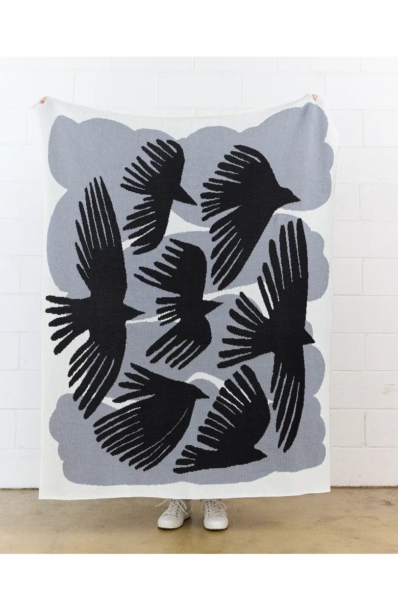 Biquette Crows Knit Throw Blanket, Alternate, color, Pale Sky