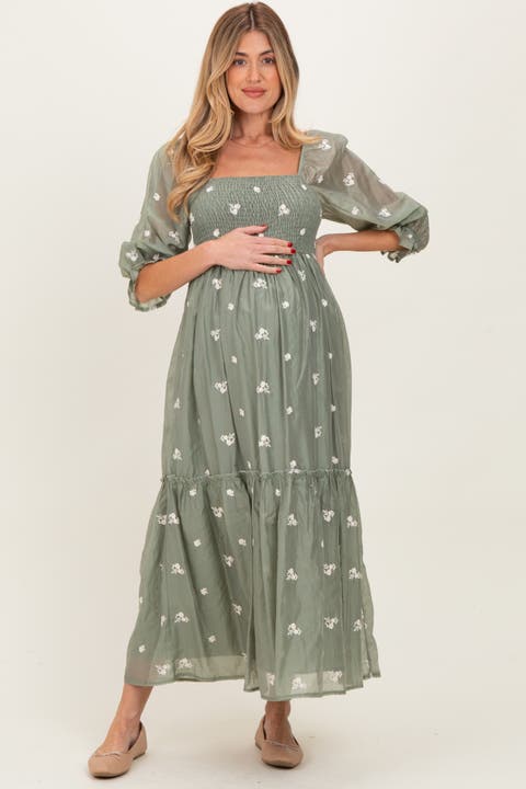 Floral Embroidered Smocked 3/4 Sleeve Midi Dress
