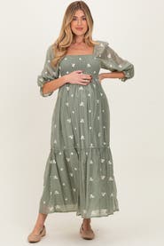 PinkBlush Floral Embroidered Smocked 3/4 Sleeve Midi Dress