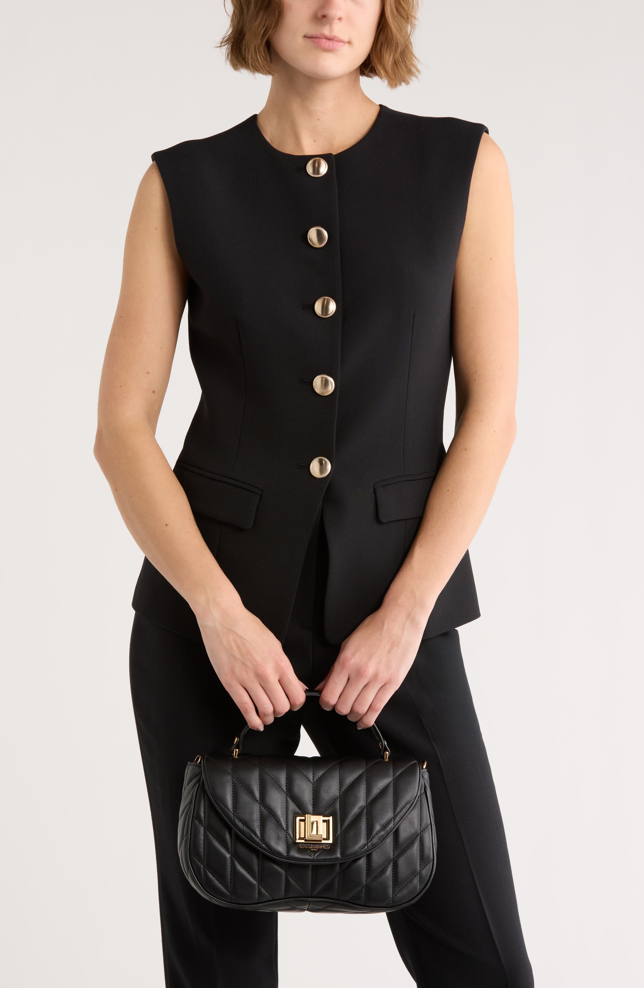 KARL LAGERFELD PARIS Lafayette Quilted Leather Satchel, Alternate, color, Black/ Gold