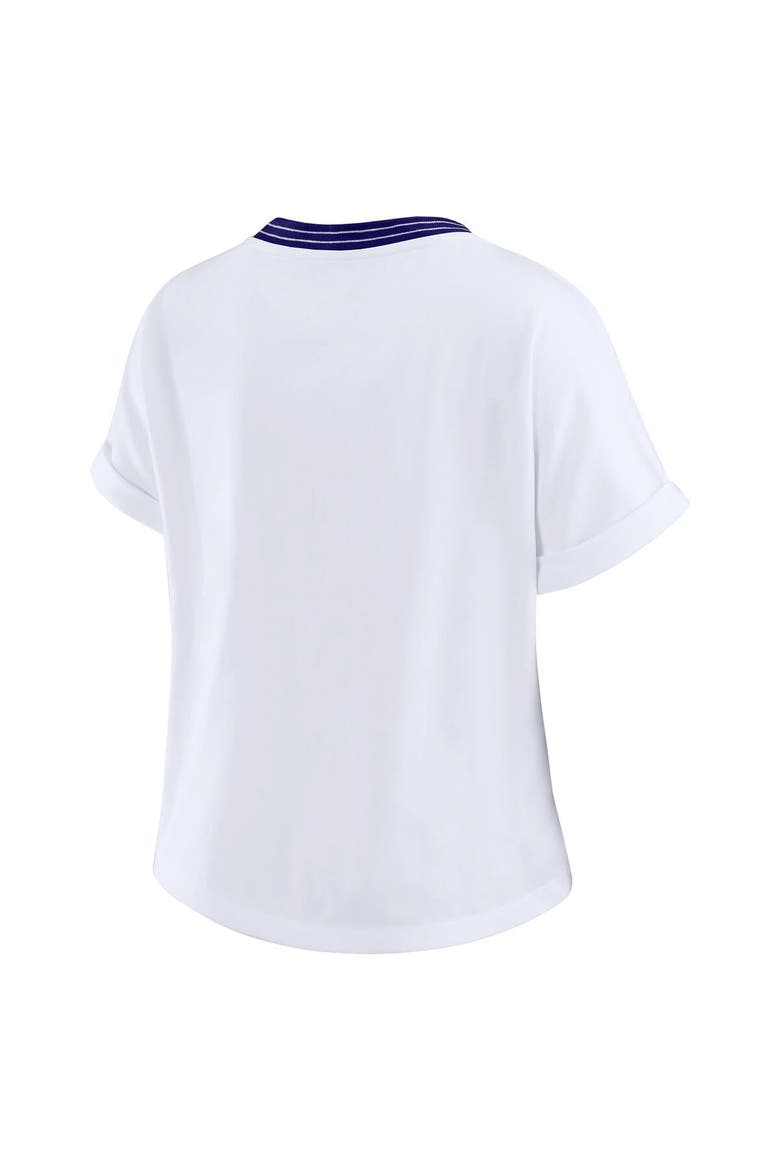 Women's WEAR by Erin Andrews White Baltimore Ravens Cropped Center Stripe Dolman T-Shirt, Alternate, color, White
