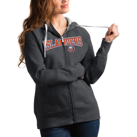 Women's Antigua Charcoal New York Islanders Wordmark Victory Full-Zip Hoodie