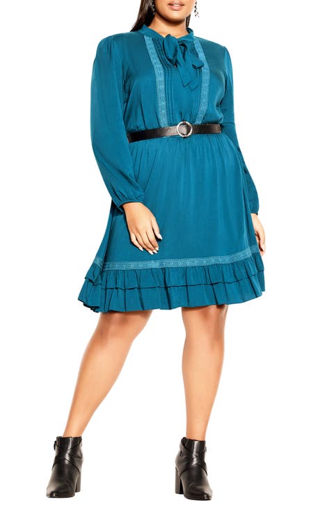 Precious Tie Neck Belted Long Sleeve Dress (Plus)