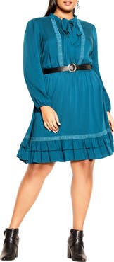 City Chic Precious Tie Neck Belted Long Sleeve Dress