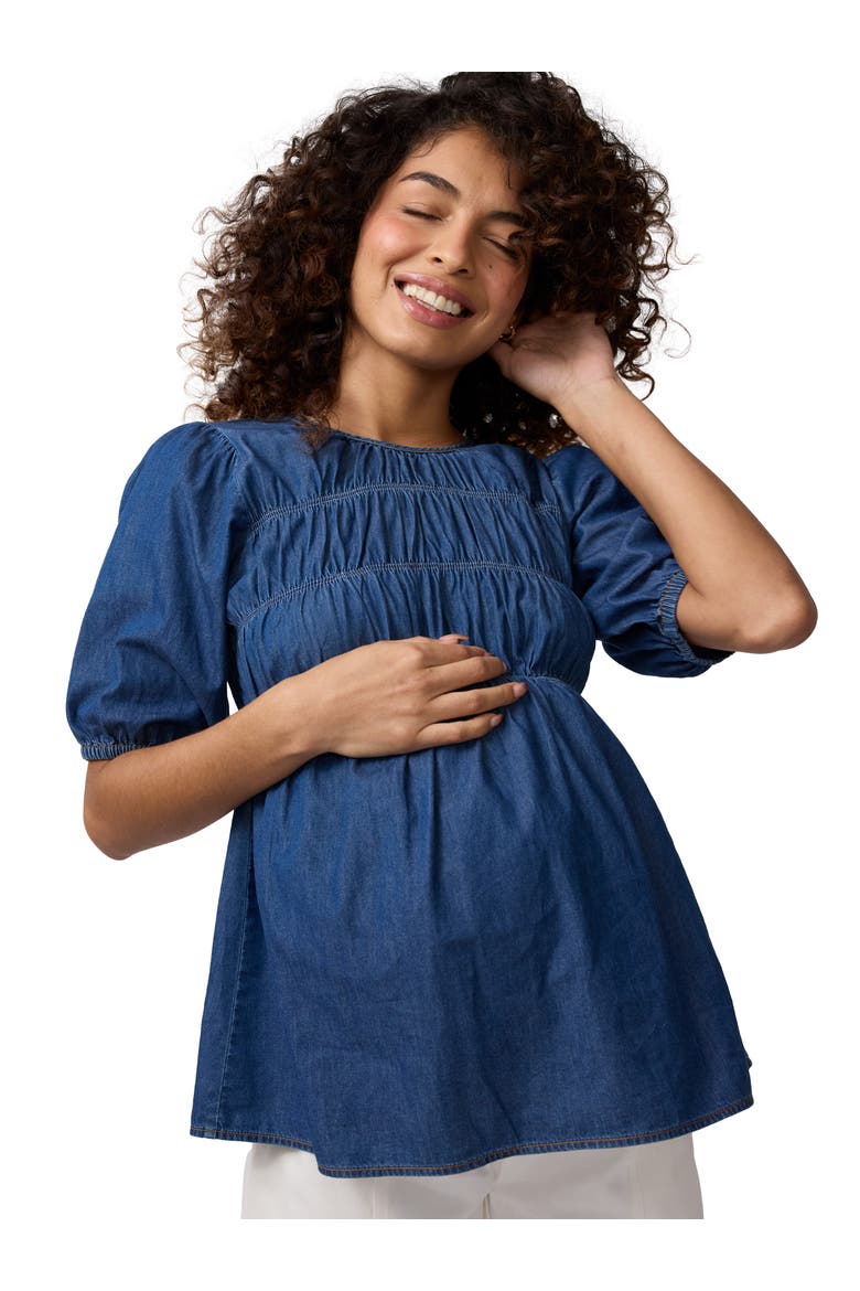 Chambray Smocked Maternity Top, Alternate, color, Indigo Chambray