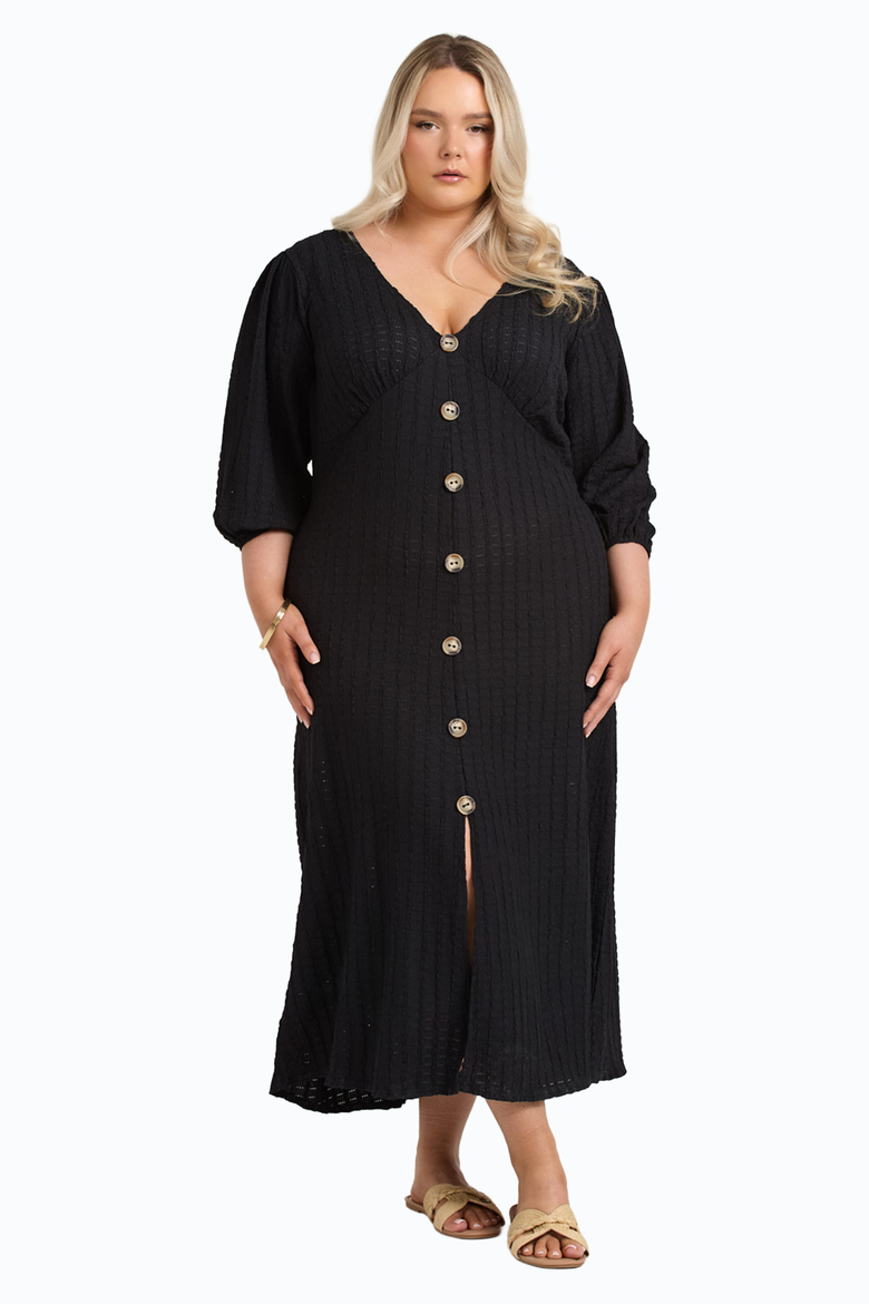 Balloon Sleeve Button Front Midi Dress, Alternate, color, Black
