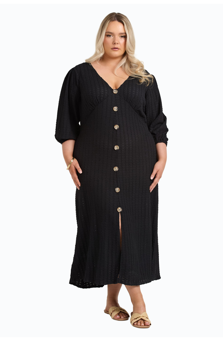 FASHION-SZN CURVE Balloon Sleeve Button Front Midi Dress, Alternate, color, Black