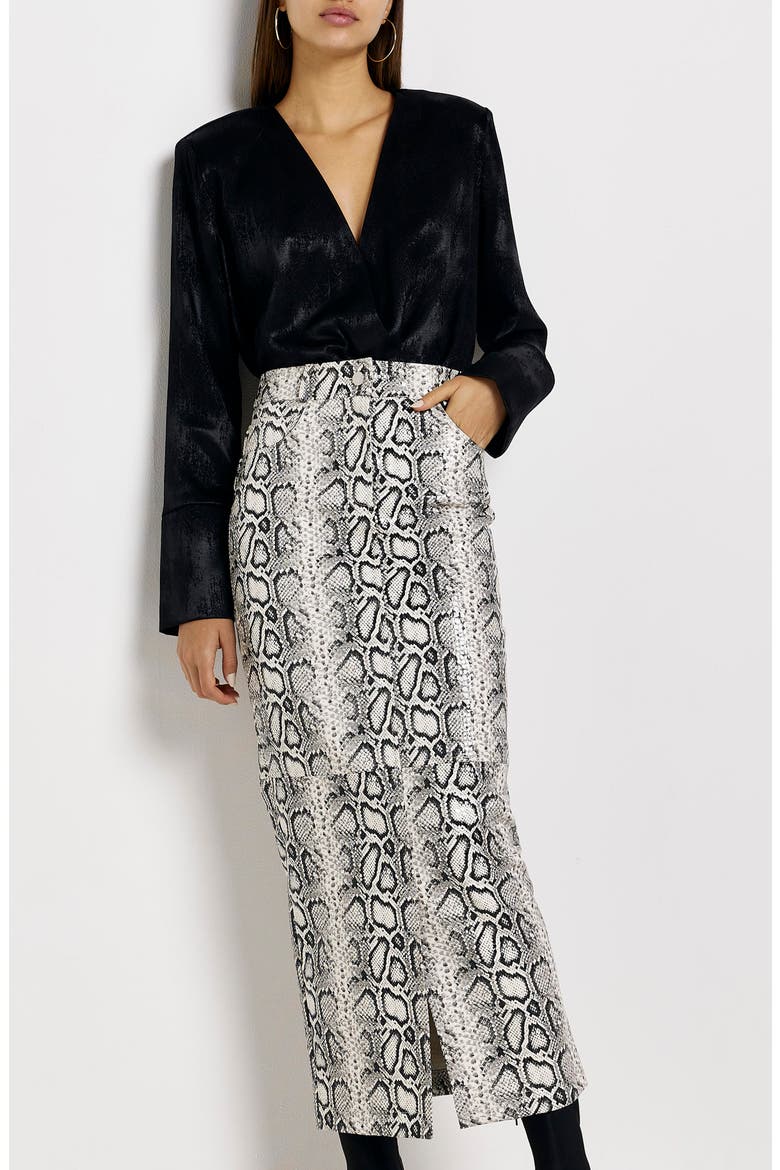 Midaxi Snakeskin Print Faux Leather Midi Skirt, Alternate, color, GREY