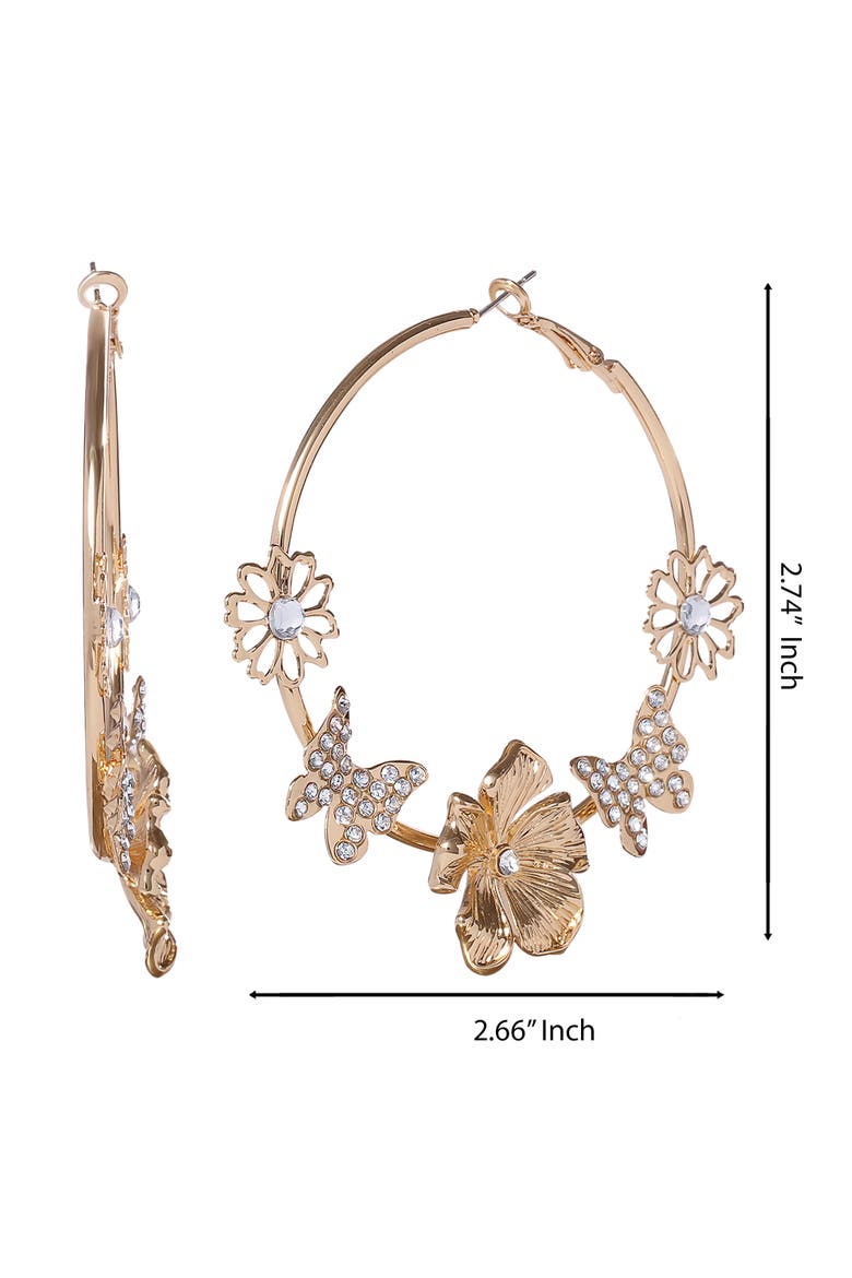 Flower and Butterlfy Hoop Earrings, Alternate, color, Gold
