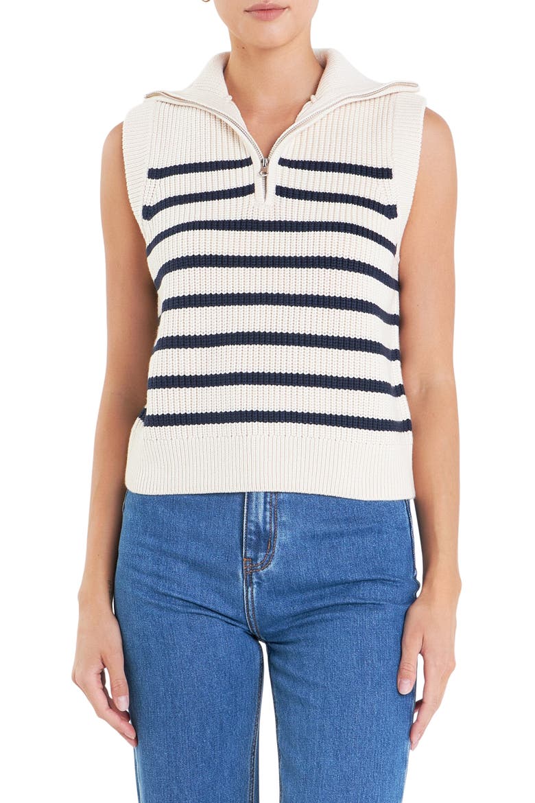 Stripe Sleeveless Quarter Zip Sweater, Main, color, CREAM/ NAVY