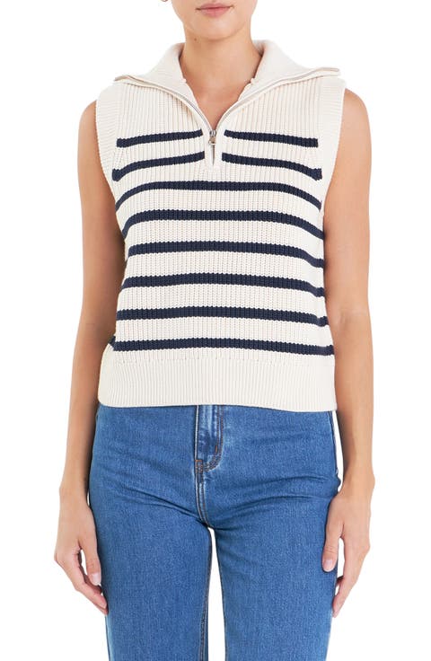 Stripe Sleeveless Quarter Zip Sweater