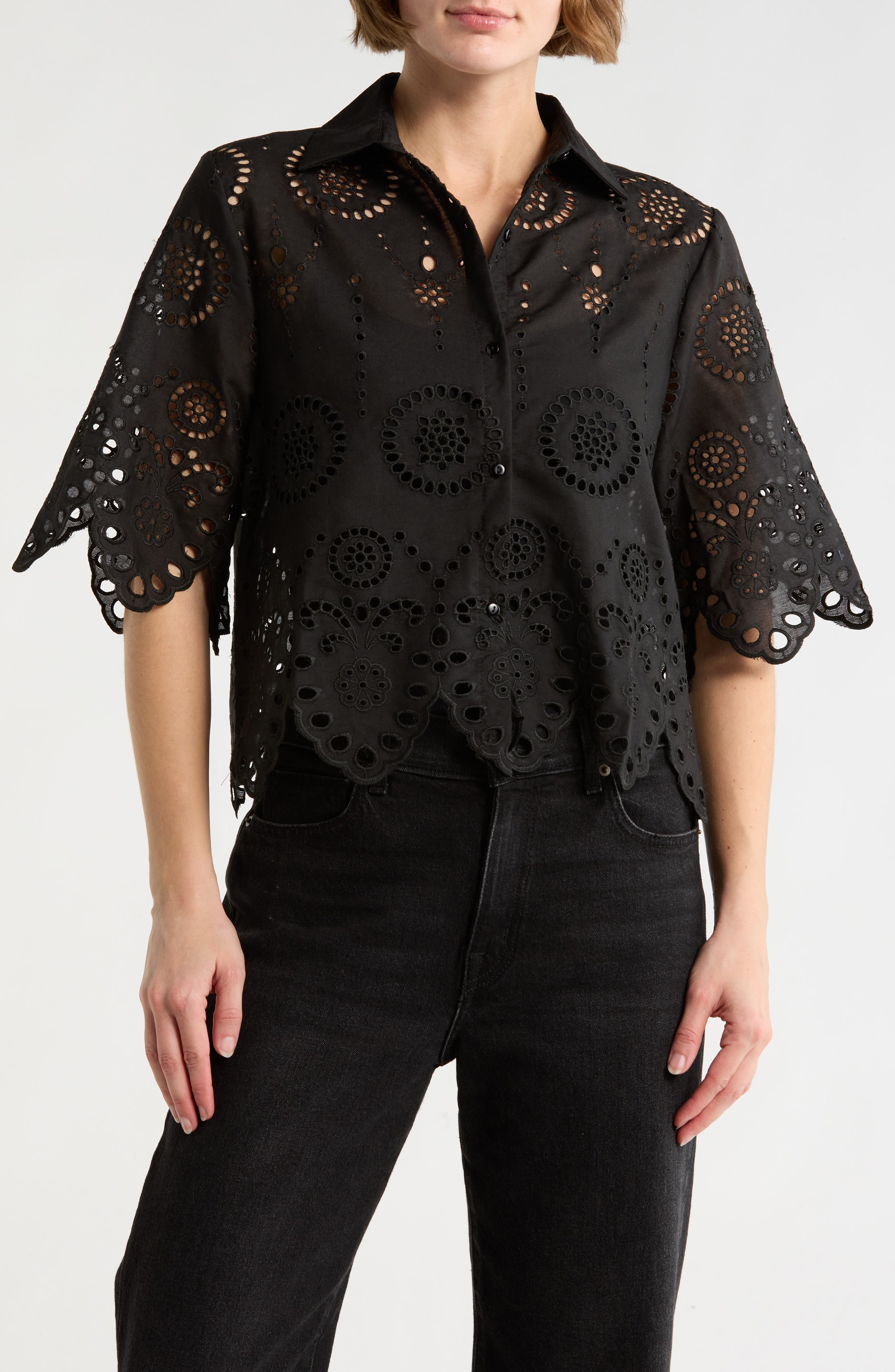 Forgotten Grace Eyelet Button Front Top