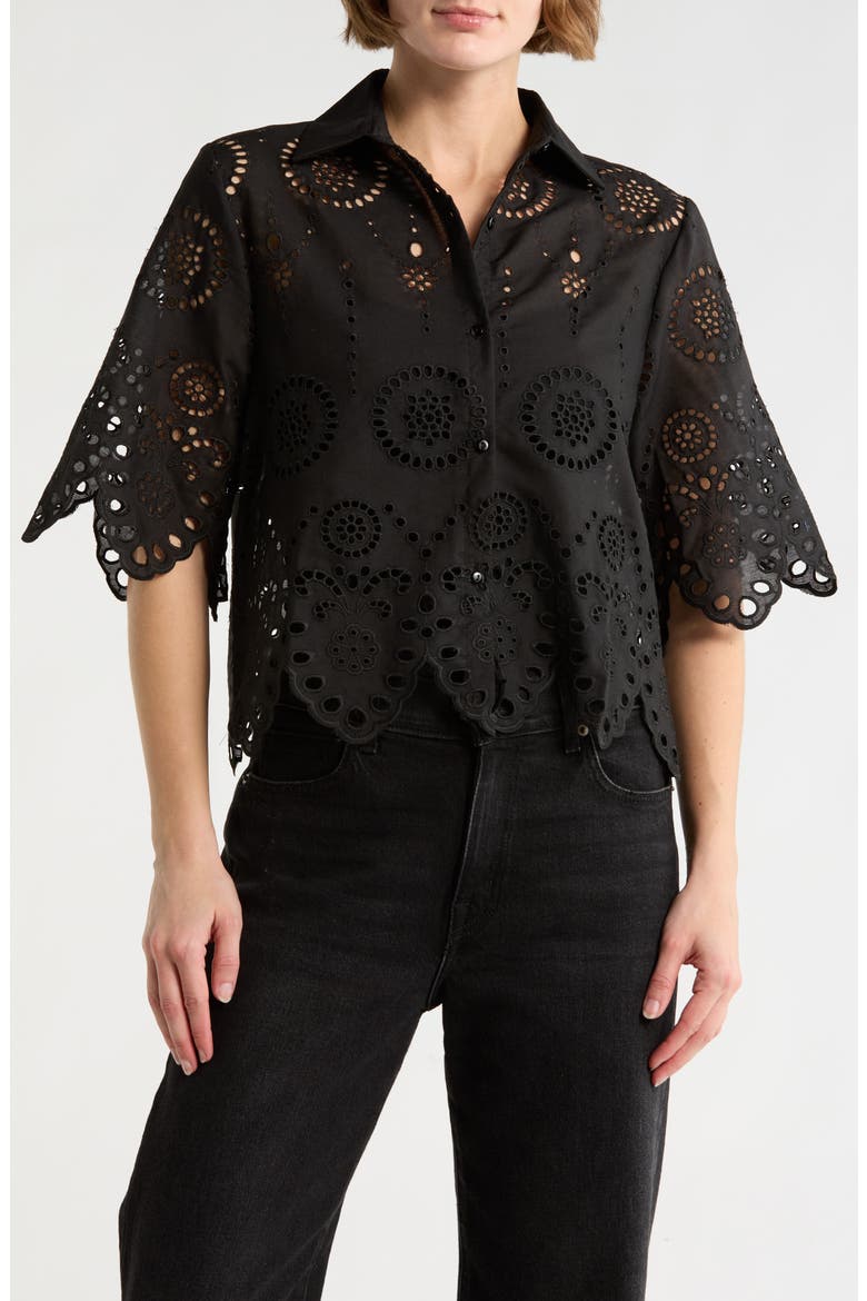 Eyelet Button Front Top, Main, color, BLACK