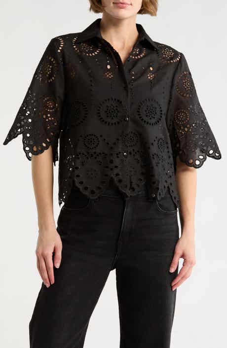 Forgotten Grace Eyelet Button Front Top