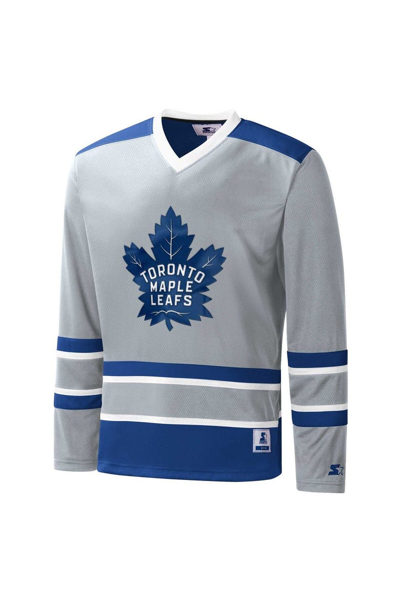 Men's Starter Gray/Blue Toronto Maple Leafs Cross Check Jersey V-Neck Long Sleeve T-Shirt, Alternate, color, Gray