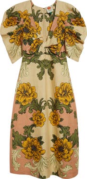 FARM Rio Delicate Flower Arabesques Linen Midi Dress