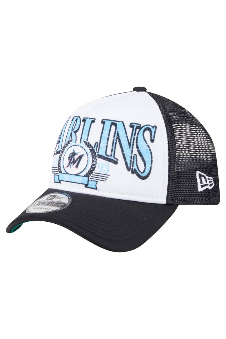 Men's New Era  Black Miami Marlins Distressed 9FORTY A-Frame Adjustable Trucker Hat, Main, color, Black