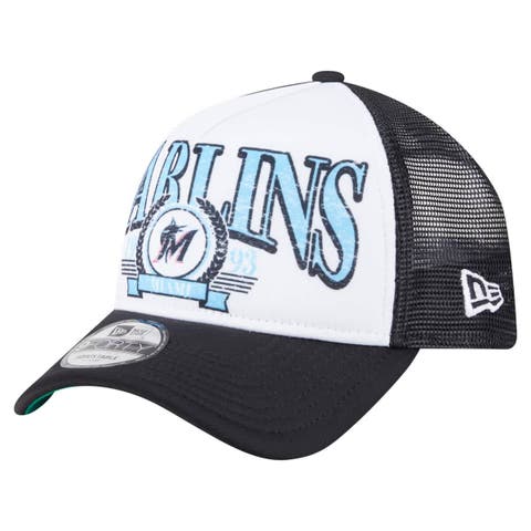 Men's New Era  Black Miami Marlins Distressed 9FORTY A-Frame Adjustable Trucker Hat