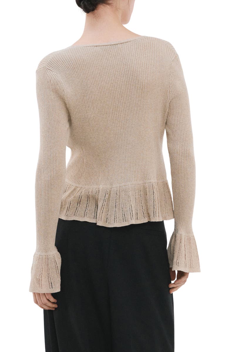 MANGO Ruffle Rib & Pointelle Cardigan, Alternate, color, Sand