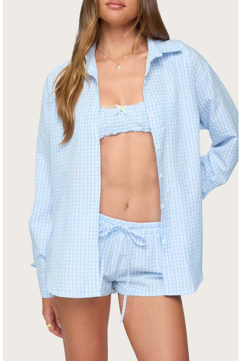 Yaffa Gingham Oversize Seersucker Button-Up Shirt, Main, color, LIGHT-BLUE