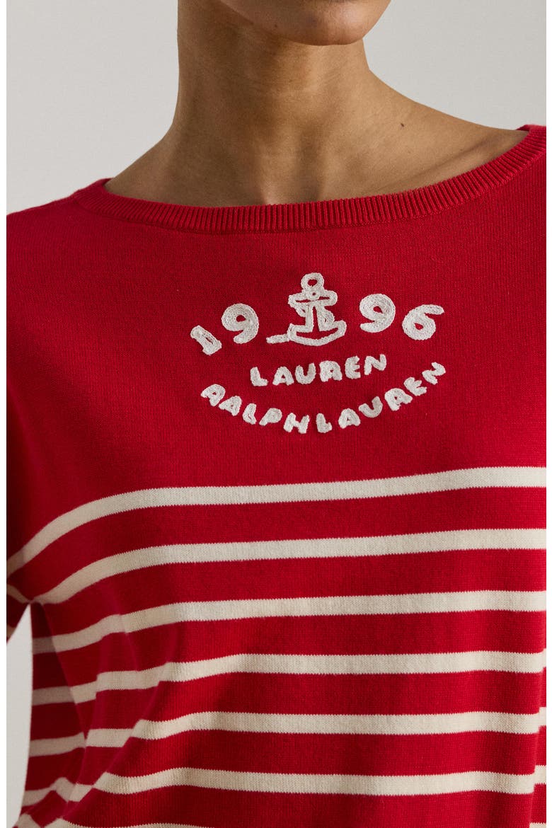 Striped Combed Cotton Boat Neck Sweater, Alternate, color, CREAM/ CRUISE RED