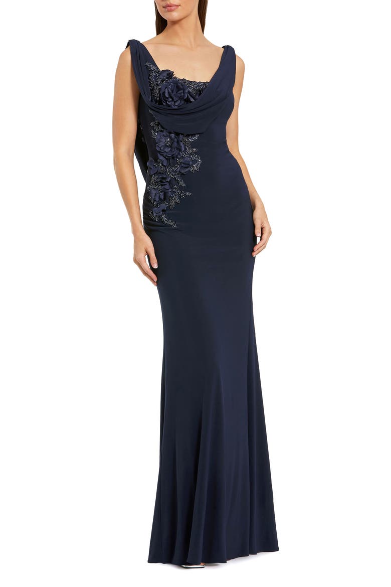 Sleeveless 3D Flower Detailing Cowl Neck Gown, Main, color, Midnight