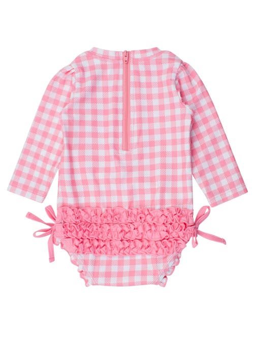 Rufflebutts Toddler Girls Long Sleeve Upf50+ One Piece Rash Guard In Bubblegum Pink Gingham