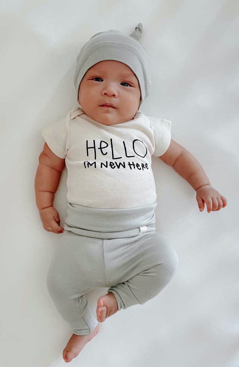 Tenth & Pine Hello, I'm New Here Bodysuit, Pants & Hat Set, Alternate, color,