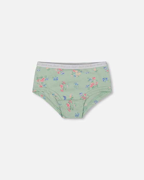 Deux Par Deux Girl's Printed Organic Cotton Boyshort Panty Small Pink And Blue Flowers On Light Sage In Pink And Blue Flowers